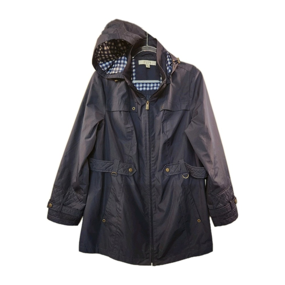 Liz Claiborne Women's Navy Utility Rain Coat Size 1X Zip‎ Up Lined Hood